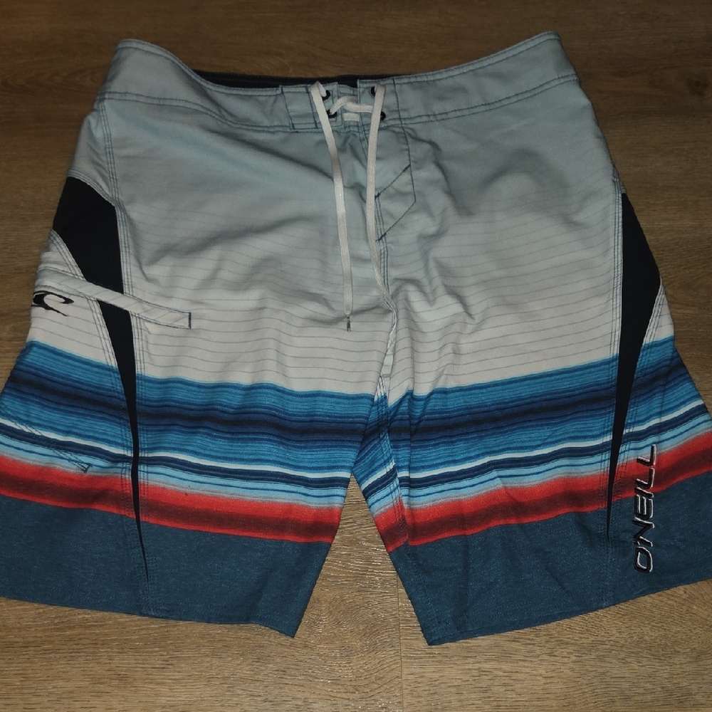 O'Neill Men’s Blue and Red Gradient Stripe Board Shorts, Sz 34